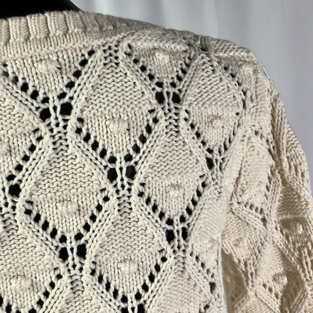 Tommy Hilfiger Cream Chunky Loose Pom Pom Knit Long Sleeve Cotton Sweater - Picture 12 of 16